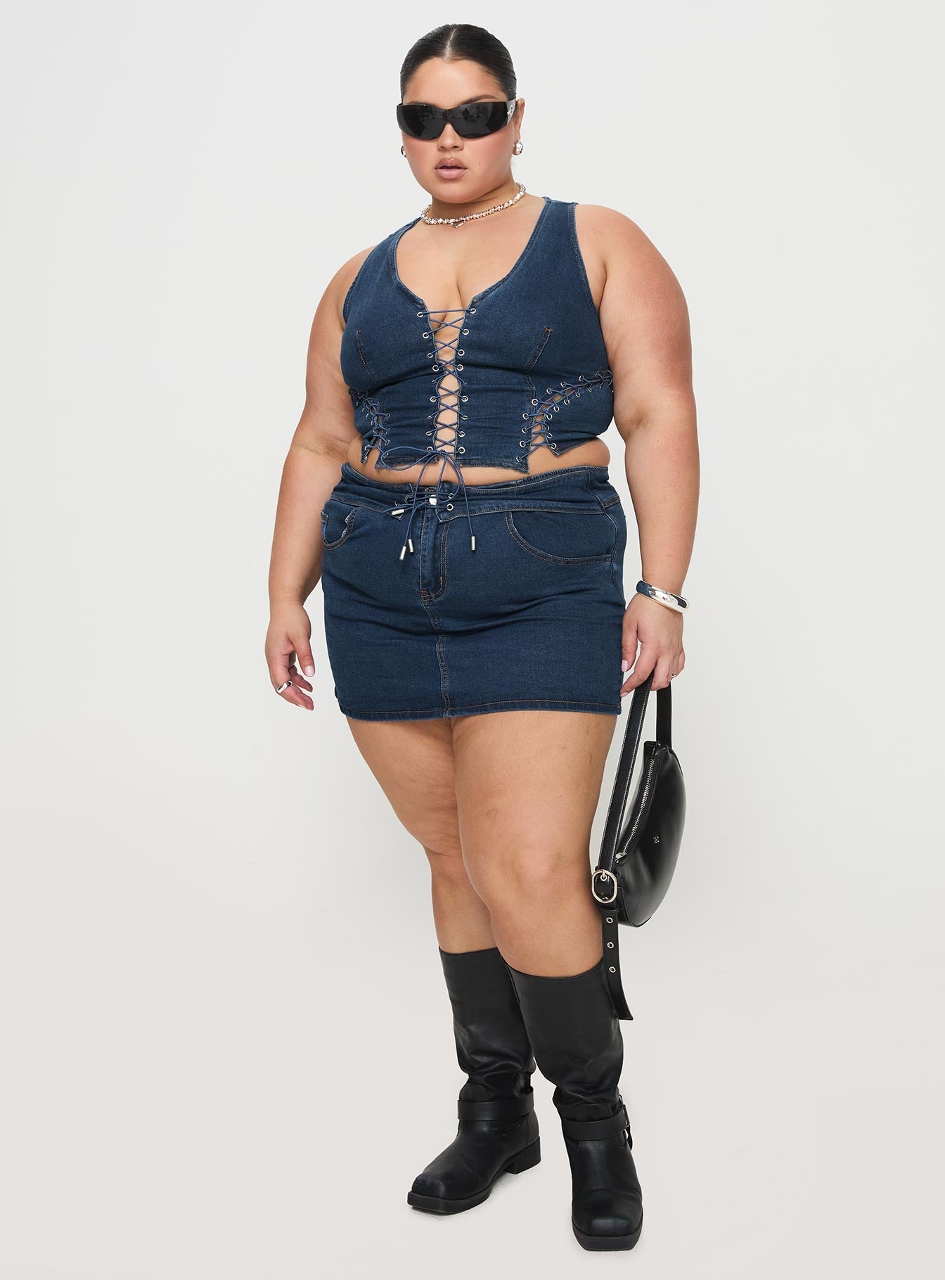 Popular Low Rise Mini Skirt Mid Blue Wash Curve