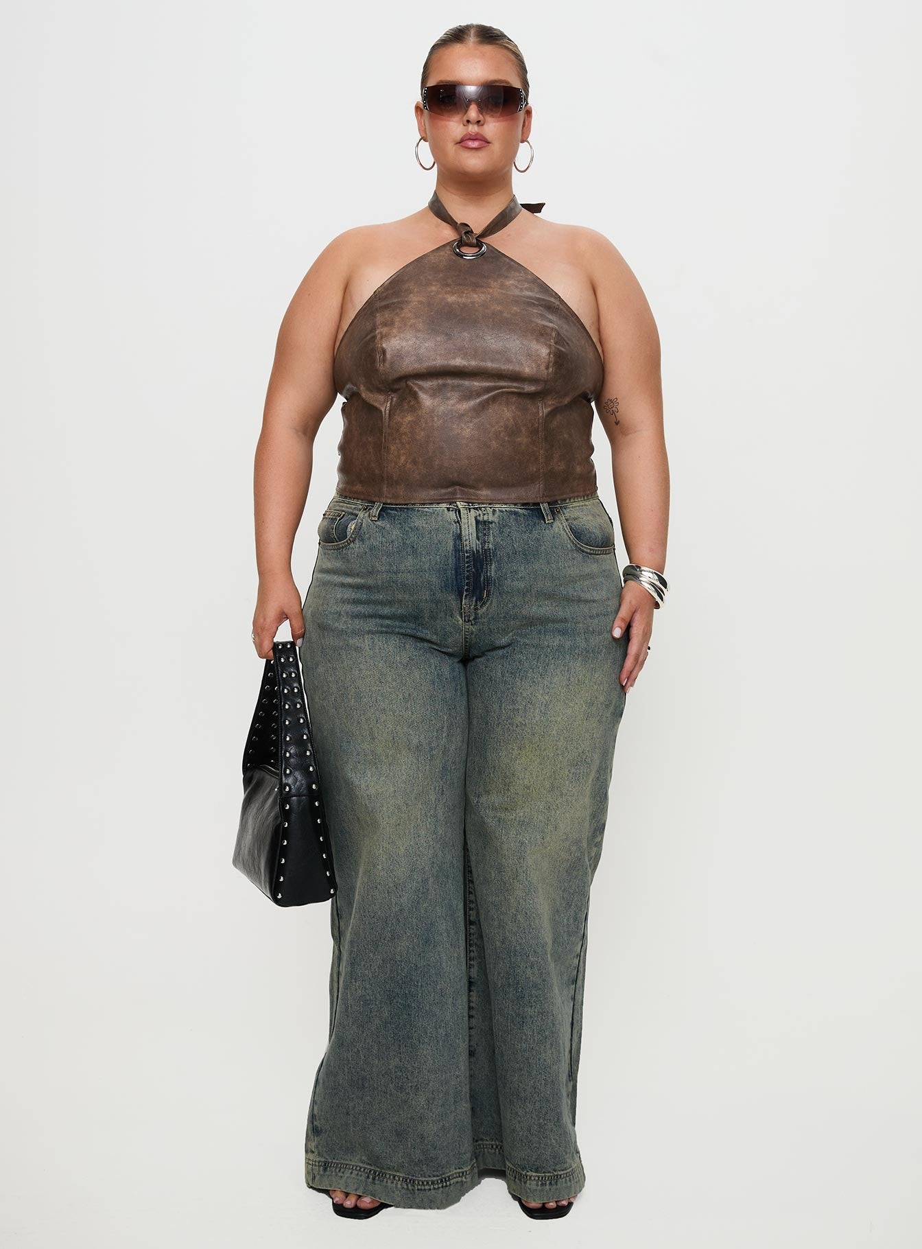 Treat You Better Ring Detail Faux Leather Top Brown Curve