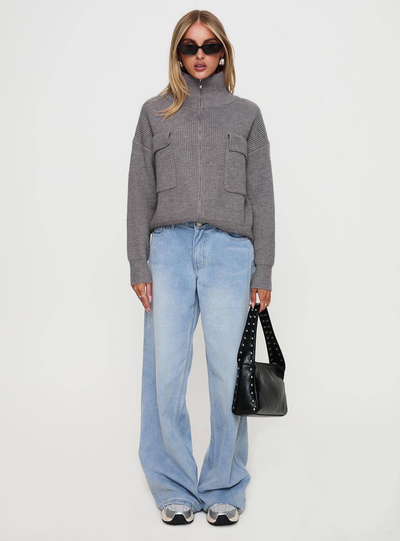 Too Busy Zip Up Sweater Grey